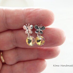 Silver butterfly earrings, sterling silver earring and Swarovski Crystal, women's gift earrings, bridal earrings, small minimalist earrings image 3