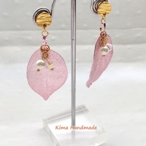 Earrings with pink leaf, pearl and Swarovski crystal, long earrings, hanging button earrings, gift earrings for women, elegant earrings image 3