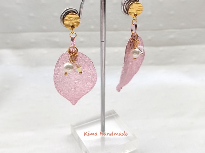 Earrings with pink leaf, pearl and Swarovski crystal, long earrings, hanging button earrings, gift earrings for women, elegant earrings image 3