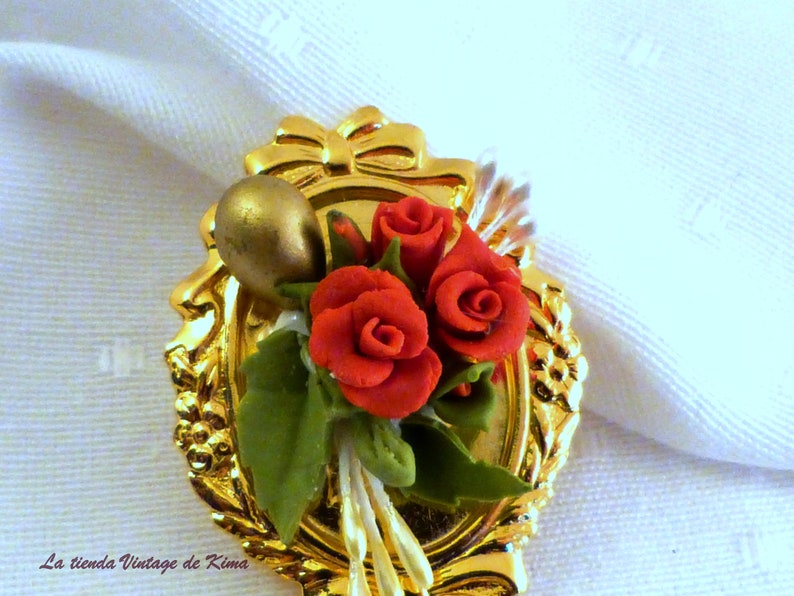 Golden brooch with red flowers image 5