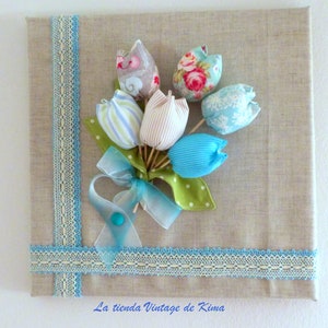 Cuadro tulipanes de tela,decoración hogar hecho a mano, regalo inanguración casa, regalo novias, colores azules, lino y algodón, hogar decor imagen 2