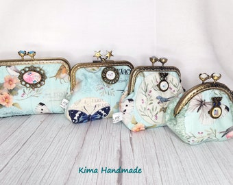 Coin purse with coin holder, gift for women, Mother's Day gift wallet, various sizes of purses, turquoise, bird, and flower purse