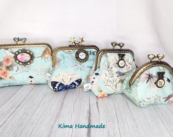 Coin purse with mouthpiece, gift for women, mother's day gift wallet, various sizes purses, turquoise purse, bird, flowers