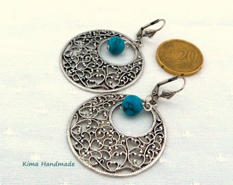 Pendientes aro para mujer, aretes aro con turquesa, aretes grandes aros, aretes que cuelgan plateados, pendientes bohemios,pendientes hippie