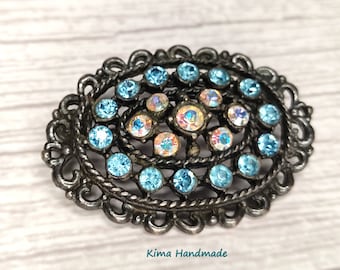 Swarovski Crystal Brooch, Antique Silver Brooch, Women's Christmas Gift Brooch, Oval Brooch, Crystal and Blue Brooch