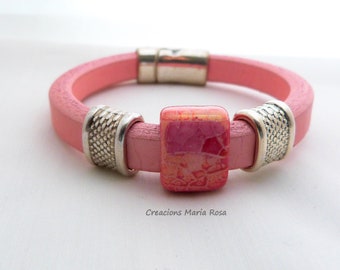 Brazalete de cuero regaliz para mujer, brazalete piel rosa, brazalete para mujer, pulsera de cuero,regalo pulsera mujer,pulsera con cerámica