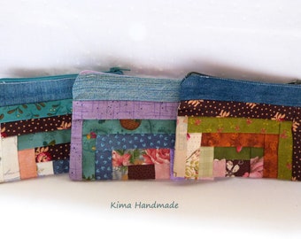 Women's zippered purse, patchwork purse, multi-fabric and denim purse, coin and bill purse, women's wallet