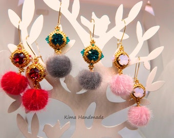 Swarovski earrings, red pink gray/blue pompom earrings, gold hooks, glamor earrings, handmade earrings, perfect guest earrings