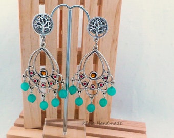 Boucles d'oreilles lustre, boucles d'oreilles lustre, boucles d'oreilles créoles et aigues-marines brésiliennes, boucles d'oreilles arbre de vie, boucles d'oreilles cadeaux spectaculaires