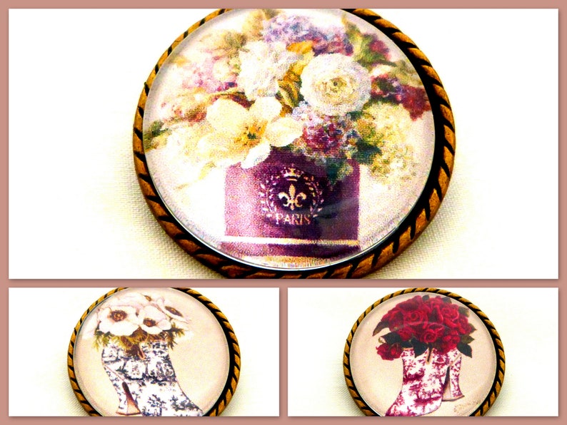 Broche camafeo vintage, broche con imagenes flores, broche estilo antiguo, broche redondo de bronce, broche hecho a mano, imagen 1
