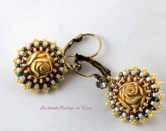 Pendientes colgantes sol de rosa aretes punto peyote,aretes redondos,aretes hechos a mano,regalo aretes mujer,aretes engarzados,aretes chica