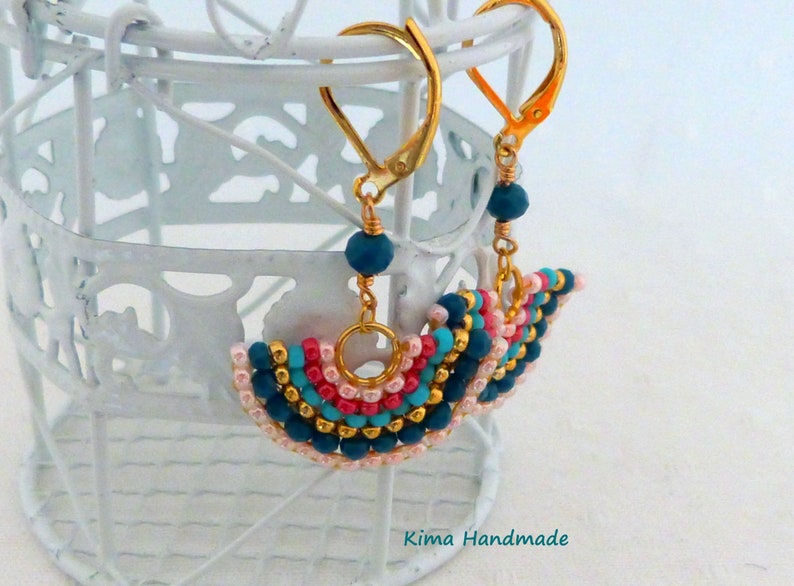 small fan earrings, colorful earrings, boho earrings, hippie earrings, earrings for women fashion earrings, blue rose gold earrings image 5