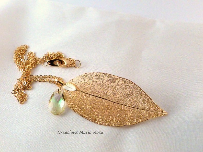 Gold Filigree Leaf Pendant with Swarovski image 6