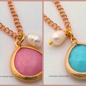 Colgantes ágata y perla natural, rosa y azul, colgante elegante, joyeria para mujer, joyeria nupcial, regalo mujer, imagen 1
