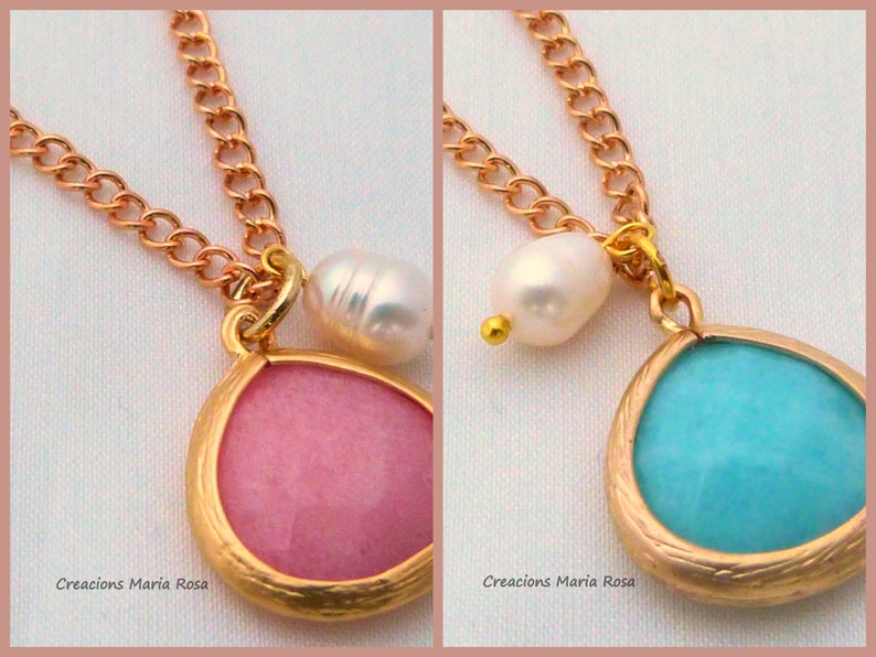 Colgantes ágata y perla natural, rosa y azul, colgante elegante, joyeria para mujer, joyeria nupcial, regalo mujer, imagen 1