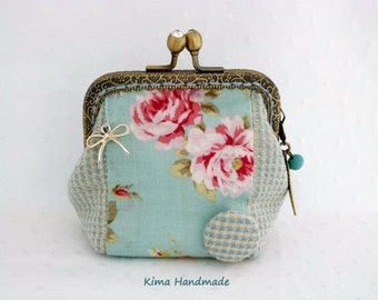 Fabric purse with mouthpiece, handmade purse, blue and pink purse, wallet with mouthpiece, fabric purse, women's gift purse