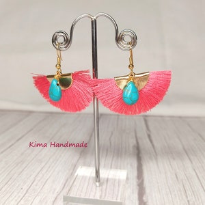 Fan earrings, dangling earrings, gold, coral and turquoise earrings, turquoise teardrop earrings, gift earrings image 2