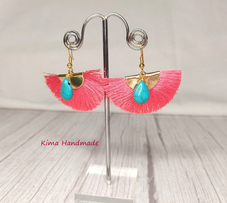 Fan earrings, dangling earrings, gold, coral and turquoise earrings, turquoise teardrop earrings, gift earrings image 2