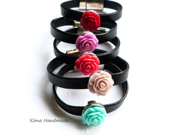 Bracelets cuir, bracelets femme, bracelet fleurs roses turquoise corail rose vintage rubis violet, cadeau femme cuir noir Noël