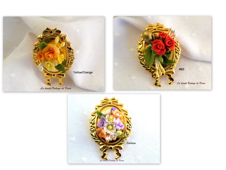 Golden brooch with red flowers image 2