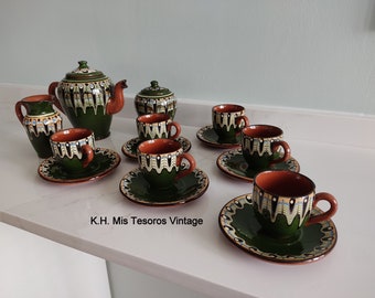 My Vintage Treasures, Vintage 1970s Coffee Set, Handmade and Hand-Painted Ceramic Coffee Set, Special Gift, Cups and Saucers