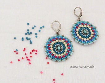 Mandala earrings, blue earrings, round earrings, stainless steel earrings, handmade earrings, women's gift earrings, boho hippie earrings