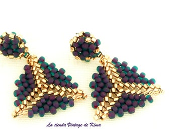 Boucles d’oreilles bouton, boucles d’oreilles peyotl, boucles d’oreilles boho, boucles d’oreilles triangle pendantes, boucles d’oreilles violettes et argentées, boucles d’oreilles cadeau pour femmes