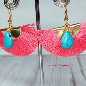 Fan earrings, dangling earrings, gold, coral and turquoise earrings, turquoise teardrop earrings, gift earrings image 4