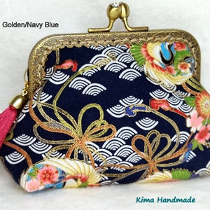 Japanese style printed purse, purses with mouthpiece, handmade wallets, mother's day gift, gift for women, coin holder GOLDEN/NAVY BLUE