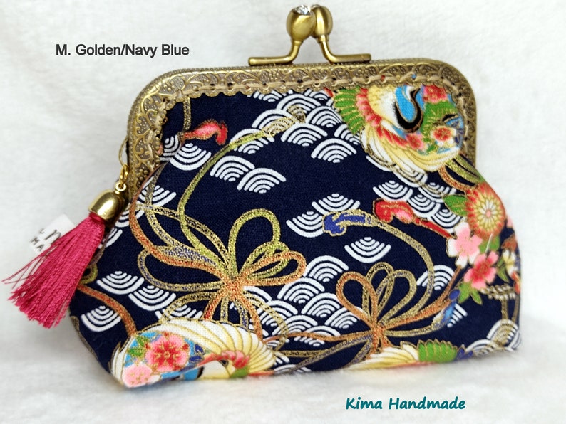 Japanese style printed purse, purses with mouthpiece, handmade wallets, mother's day gift, gift for women, coin holder GOLDEN/NAVY BLUE