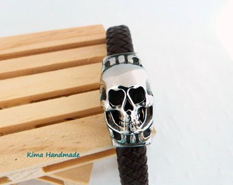 Bracelet tête de mort, bracelet tête de mort, bracelet cuir homme, bracelet acier inoxydable et cuir, cadeau fête des pères, cadeau pour homme