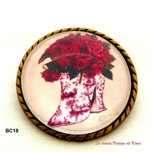 Broche camafeo vintage, broche con imagenes flores, broche estilo antiguo, broche redondo de bronce, broche hecho a mano, BC19Bota roja/blanca