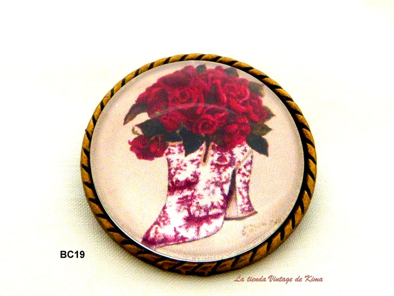 Broche camafeo vintage, broche con imagenes flores, broche estilo antiguo, broche redondo de bronce, broche hecho a mano, BC19Bota roja/blanca