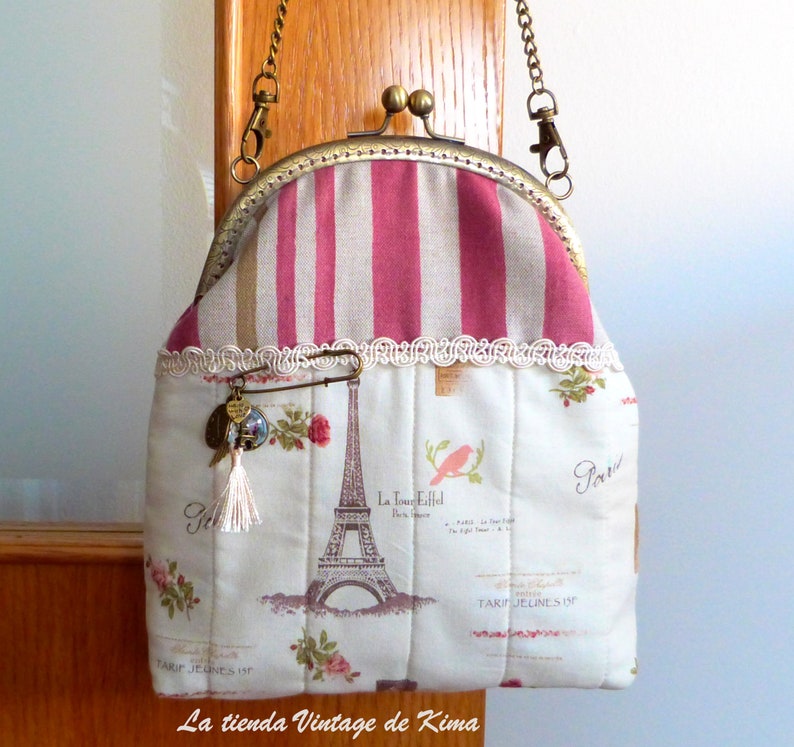 Bolso de tela con boquilla, bolso al hombro de tela para mujer, bolso tela estampada París, bolso de mujer hecho a mano, bolso con cadena imagen 3