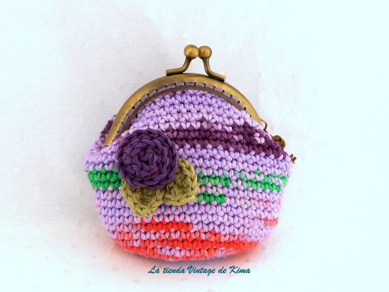 Monedero de ganchillo dulce, monedero con boquilla metálica,cartera para monedas,portamonedas,monedero lila coral verde,cartera hecha a mano imagen 1