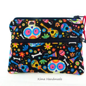 Cartera tela calavera mexicanas,cartera dos cremalleras,cartera regalo,cartera regalo mujer, cartera unisex,cartera de moda hecha a mano