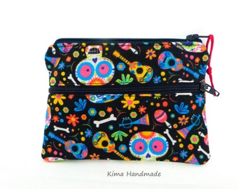 Cartera tela calavera mexicanas,cartera dos cremalleras,cartera regalo,cartera regalo mujer, cartera unisex,cartera de moda hecha a mano