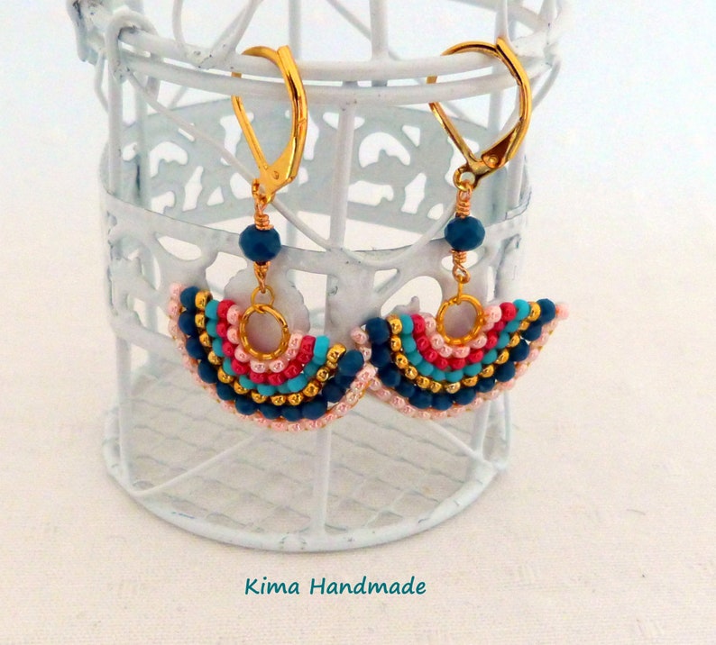 small fan earrings, colorful earrings, boho earrings, hippie earrings, earrings for women fashion earrings, blue rose gold earrings image 2