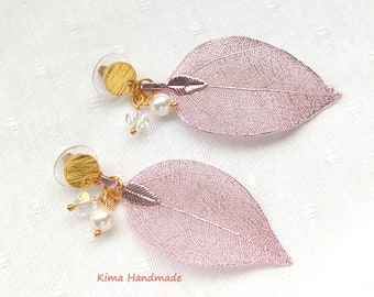 Pink leaf earrings with pearl and Swarovski crystal, long earrings, dangling stud earrings, gift earrings for women, elegant earrings