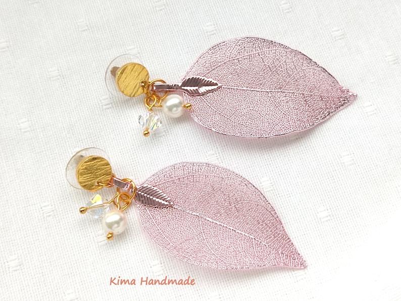 Earrings with pink leaf, pearl and Swarovski crystal, long earrings, hanging button earrings, gift earrings for women, elegant earrings image 1