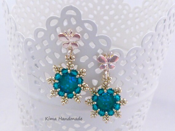 Flower Earrings with Swarovski(R) Crystal Turquoise-Color Sterling Silver Flower Earrings with Swarovski(R) Crystal Turquoise-Color Sterling Silver