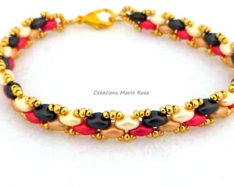 Brazalete mujer superduo,brazalete regalo mujer, brazalete hecho a mano, pulsera roja negra crema dorado, pulsera dia de la madre regalo