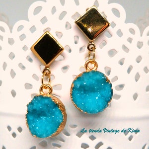 Button earrings with natural stone druzy Blue