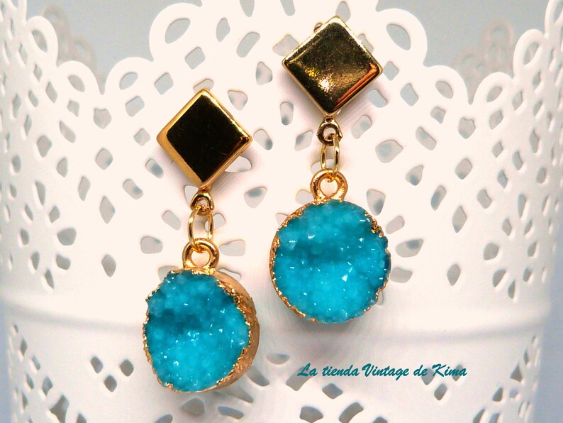 Button earrings with natural stone druzy Blue