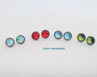 button earrings, Swarovski crystal earrings, stainless steel earrings, small blue earrings, red earrings, handmade women's gift earrings