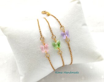 Minimalist bracelet, pink, purple, or green butterfly bracelet, gold-plated stainless steel bracelet, women's bracelet, girls' communion bracelet