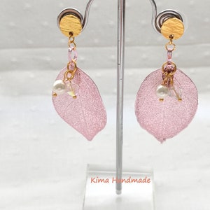 Earrings with pink leaf, pearl and Swarovski crystal, long earrings, hanging button earrings, gift earrings for women, elegant earrings image 2