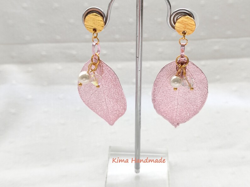 Earrings with pink leaf, pearl and Swarovski crystal, long earrings, hanging button earrings, gift earrings for women, elegant earrings image 2