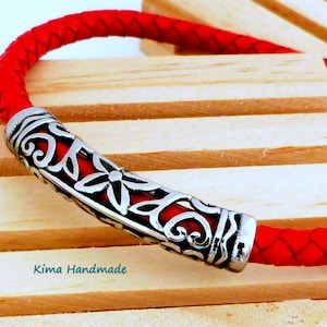 Unisex leather bracelet, round red leather bracelet, stainless steel interpiece bracelet, gift for men and women, Father's Day, Mother's Day gift image 1