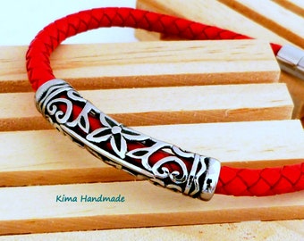 Unisex leather bracelet, round red leather bracelet, stainless steel interpiece bracelet, gift for men and women, Father's Day, Mother's Day gift